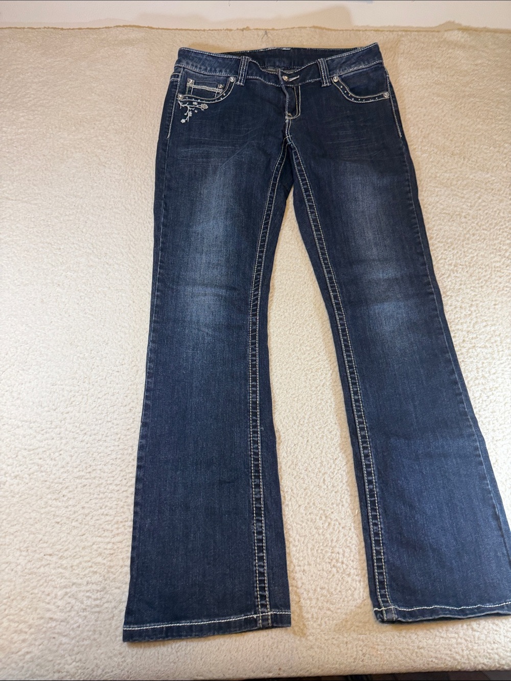 Shyanne Dark Blue Flare  cherry blossom design Jeans with Embroidered Pocket